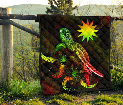 Nauru Polynesian Premium Quilt - Turtle With Blooming Hibiscus Reggae