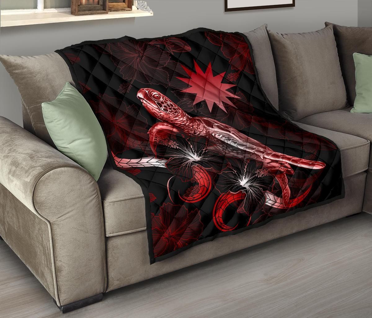 Nauru Polynesian Premium Quilt - Turtle With Blooming Hibiscus Red