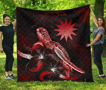 Nauru Polynesian Premium Quilt - Turtle With Blooming Hibiscus Red
