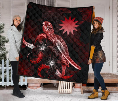 Nauru Polynesian Premium Quilt - Turtle With Blooming Hibiscus Red