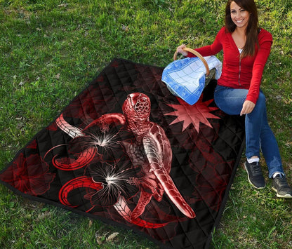 Nauru Polynesian Premium Quilt - Turtle With Blooming Hibiscus Red