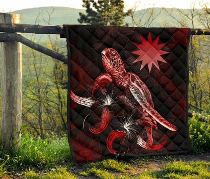 Nauru Polynesian Premium Quilt - Turtle With Blooming Hibiscus Red