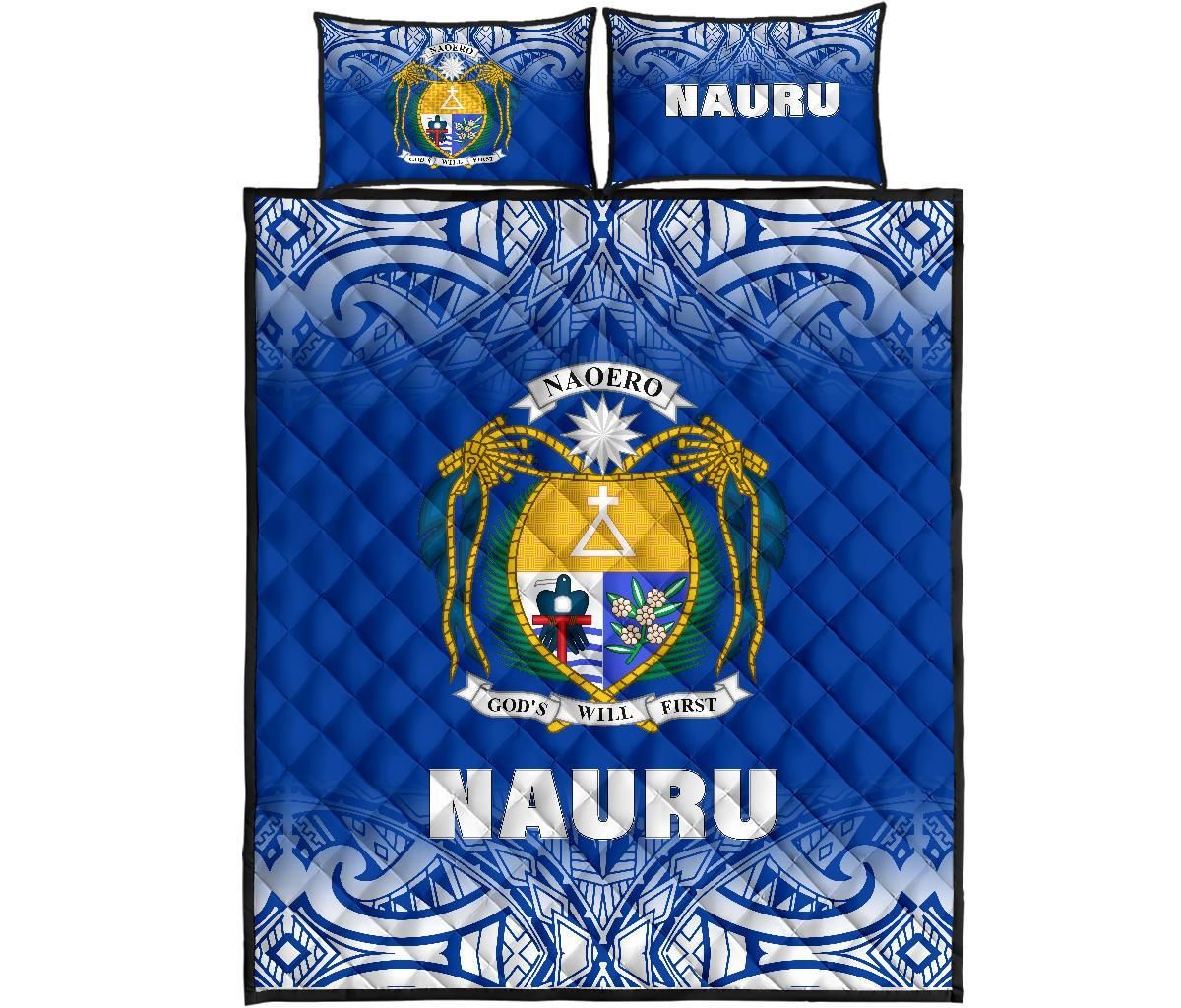 Nauru Quilt Bed Set - Nauru Coat Of Arms Polynesian Tattoo Blue Fog Style