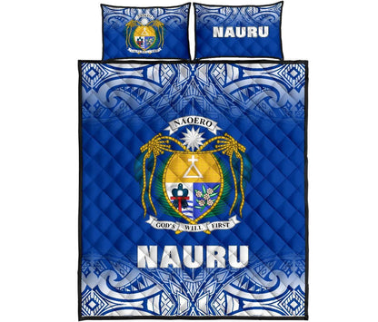 Nauru Quilt Bed Set - Nauru Coat Of Arms Polynesian Tattoo Blue Fog Style