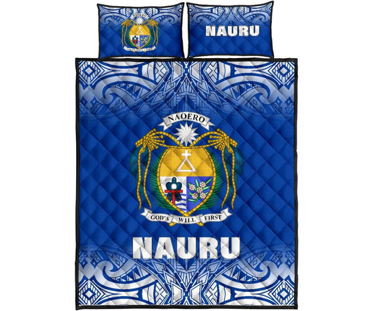 Nauru Quilt Bed Set - Nauru Coat Of Arms Polynesian Tattoo Blue Fog Style
