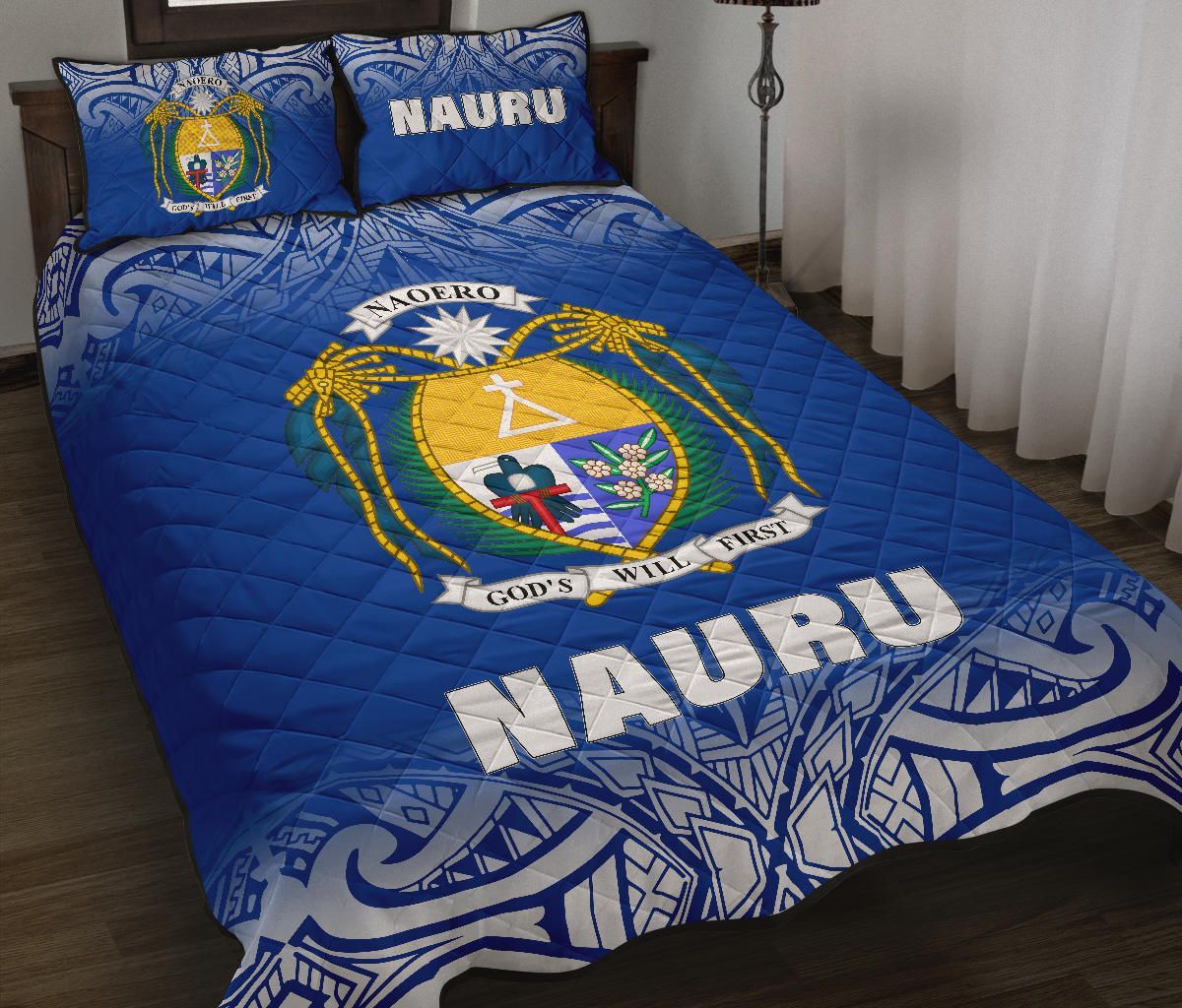 Nauru Quilt Bed Set - Nauru Coat Of Arms Polynesian Tattoo Blue Fog Style