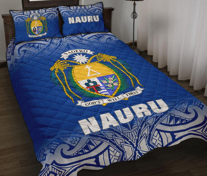 Nauru Quilt Bed Set - Nauru Coat Of Arms Polynesian Tattoo Blue Fog Style