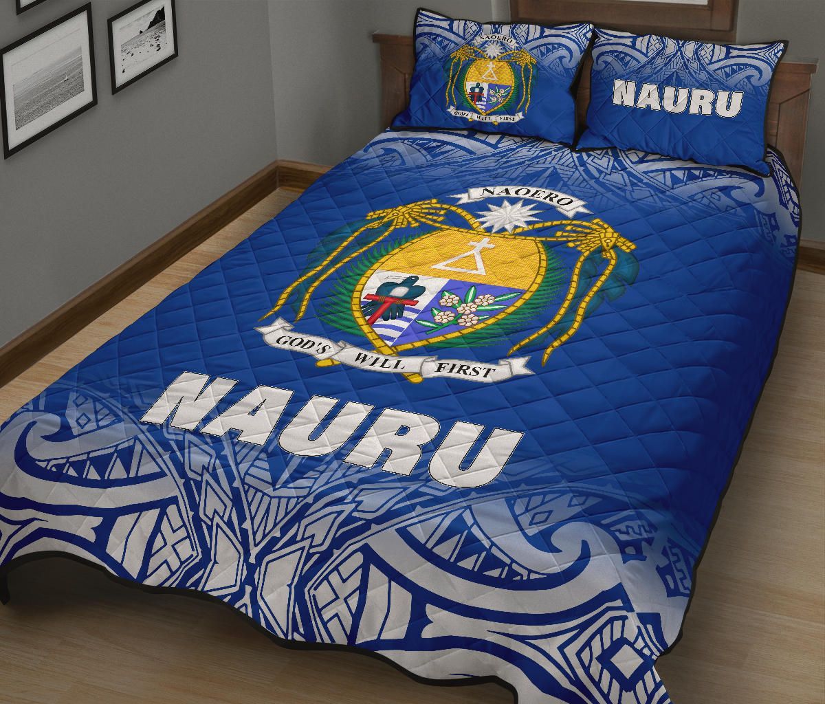 Nauru Quilt Bed Set - Nauru Coat Of Arms Polynesian Tattoo Blue Fog Style