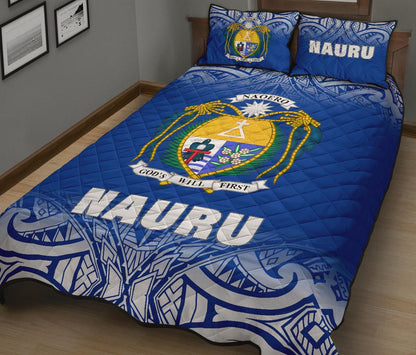 Nauru Quilt Bed Set - Nauru Coat Of Arms Polynesian Tattoo Blue Fog Style