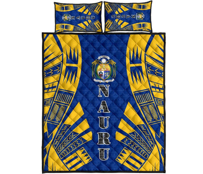 Nauru Quilt Bed Set - Nauru Coat Of Arms & Polynesian Yellow Tattoo Style