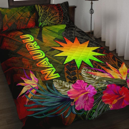 Nauru Polynesian Quilt Bed Set - Hibiscus and Banana Leaves