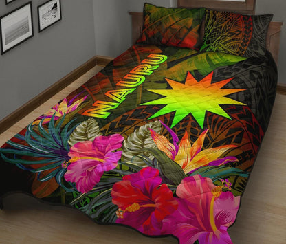 Nauru Polynesian Quilt Bed Set - Hibiscus and Banana Leaves