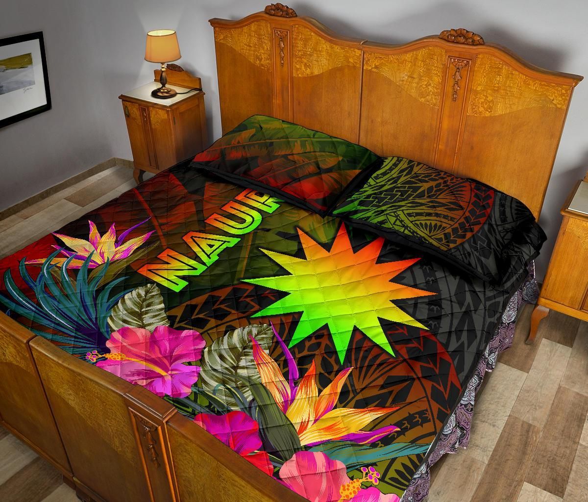 Nauru Polynesian Quilt Bed Set - Hibiscus and Banana Leaves