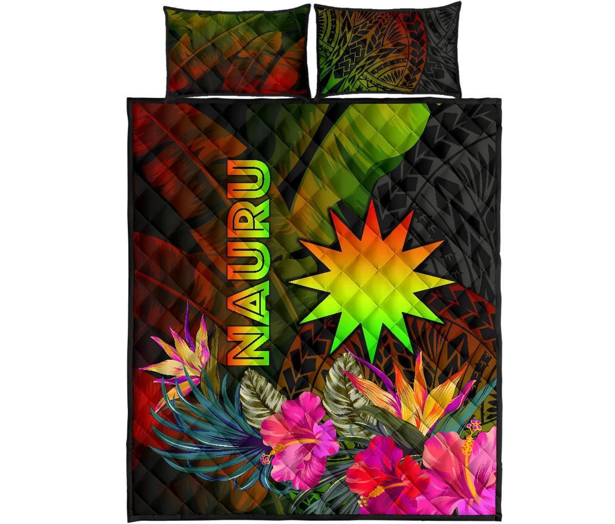 Nauru Polynesian Quilt Bed Set - Hibiscus and Banana Leaves