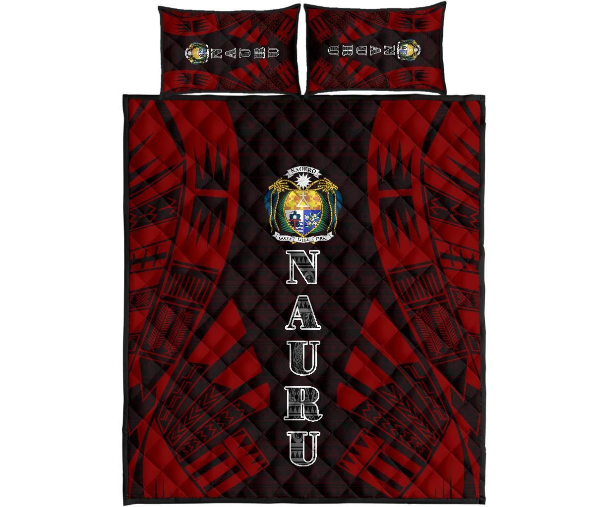 Nauru Quilt Bed Set - Nauru Coat Of Arms & Polynesian Red Tattoo Style