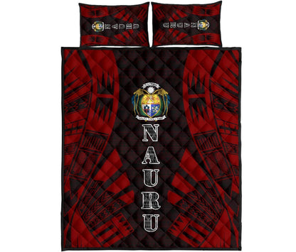 Nauru Quilt Bed Set - Nauru Coat Of Arms & Polynesian Red Tattoo Style