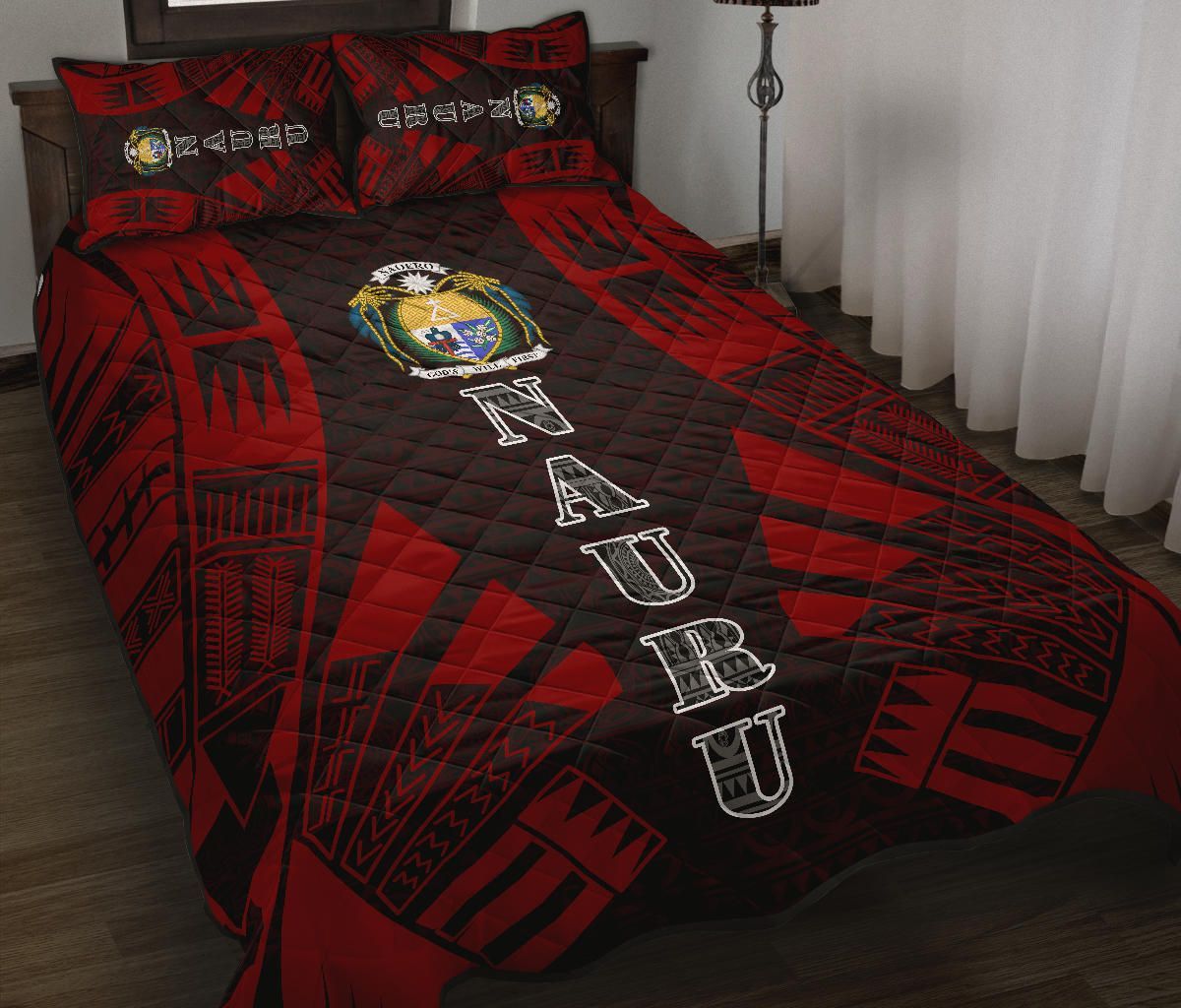 Nauru Quilt Bed Set - Nauru Coat Of Arms & Polynesian Red Tattoo Style