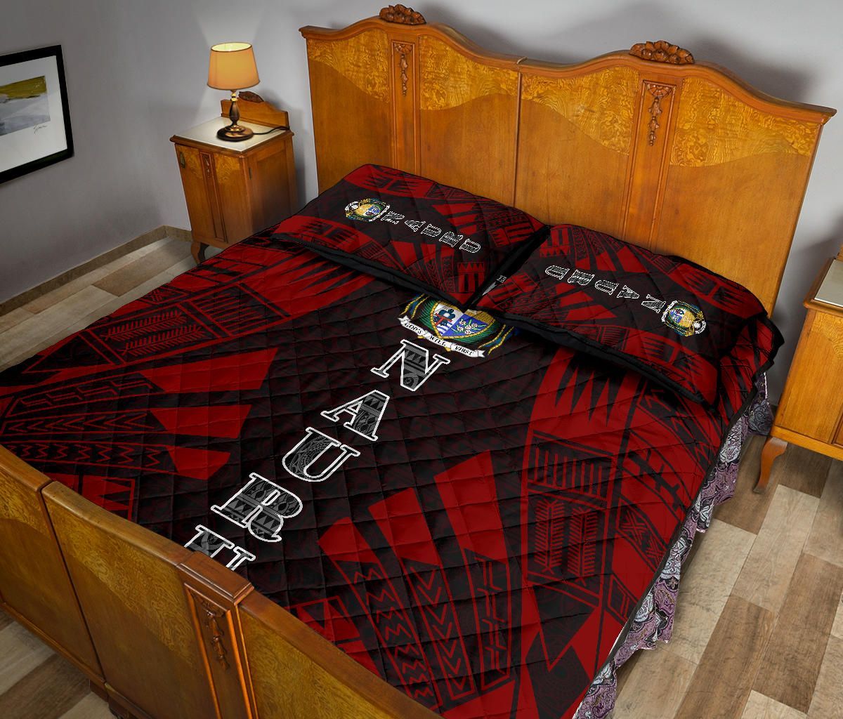 Nauru Quilt Bed Set - Nauru Coat Of Arms & Polynesian Red Tattoo Style