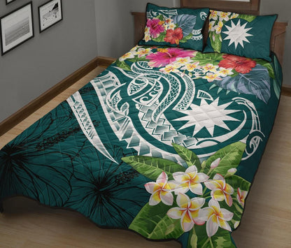 Nauru Polynesian Quilt Bed Set - Summer Plumeria (Turquoise)