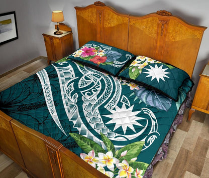 Nauru Polynesian Quilt Bed Set - Summer Plumeria (Turquoise)