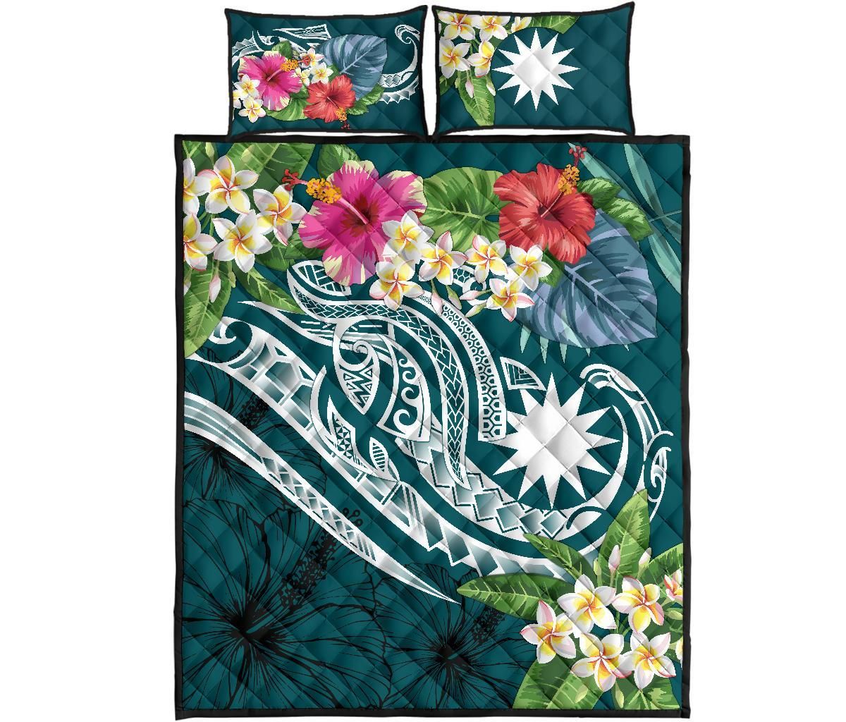Nauru Polynesian Quilt Bed Set - Summer Plumeria (Turquoise)