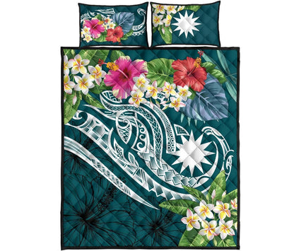 Nauru Polynesian Quilt Bed Set - Summer Plumeria (Turquoise)