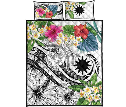 Nauru Polynesian Quilt Bed Set- Summer Plumeria (White)