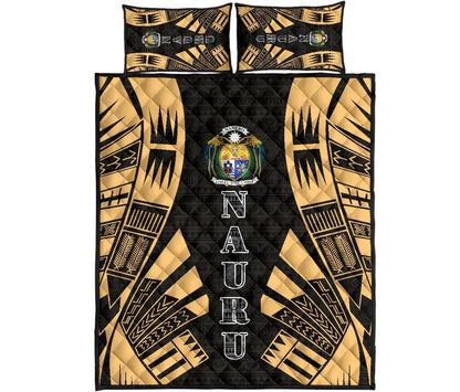 Nauru Quilt Bed Set - Nauru Coat Of Arms & Polynesian Yellow Tattoo Style