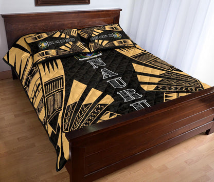 Nauru Quilt Bed Set - Nauru Coat Of Arms & Polynesian Yellow Tattoo Style