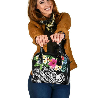Nauru Polynesian Shoulder Handbag - Summer Plumeria (Black)