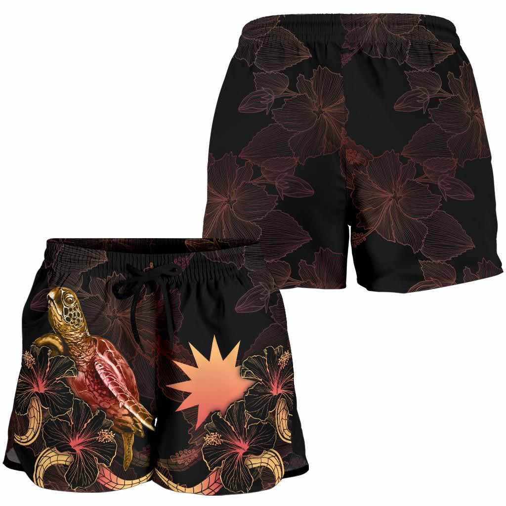Nauru Polynesian Women Shorts - Turtle With Blooming Hibiscus Gold