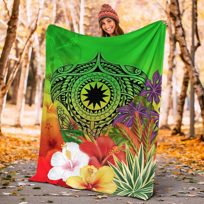 Nauru Premium Blanket - Manta Ray Tropical Flowers (Green)