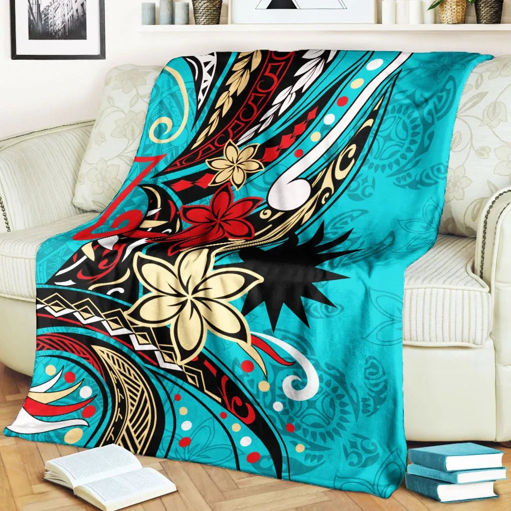 Nauru Premium Blanket - Tribal Flower With Special Turtles Blue Color