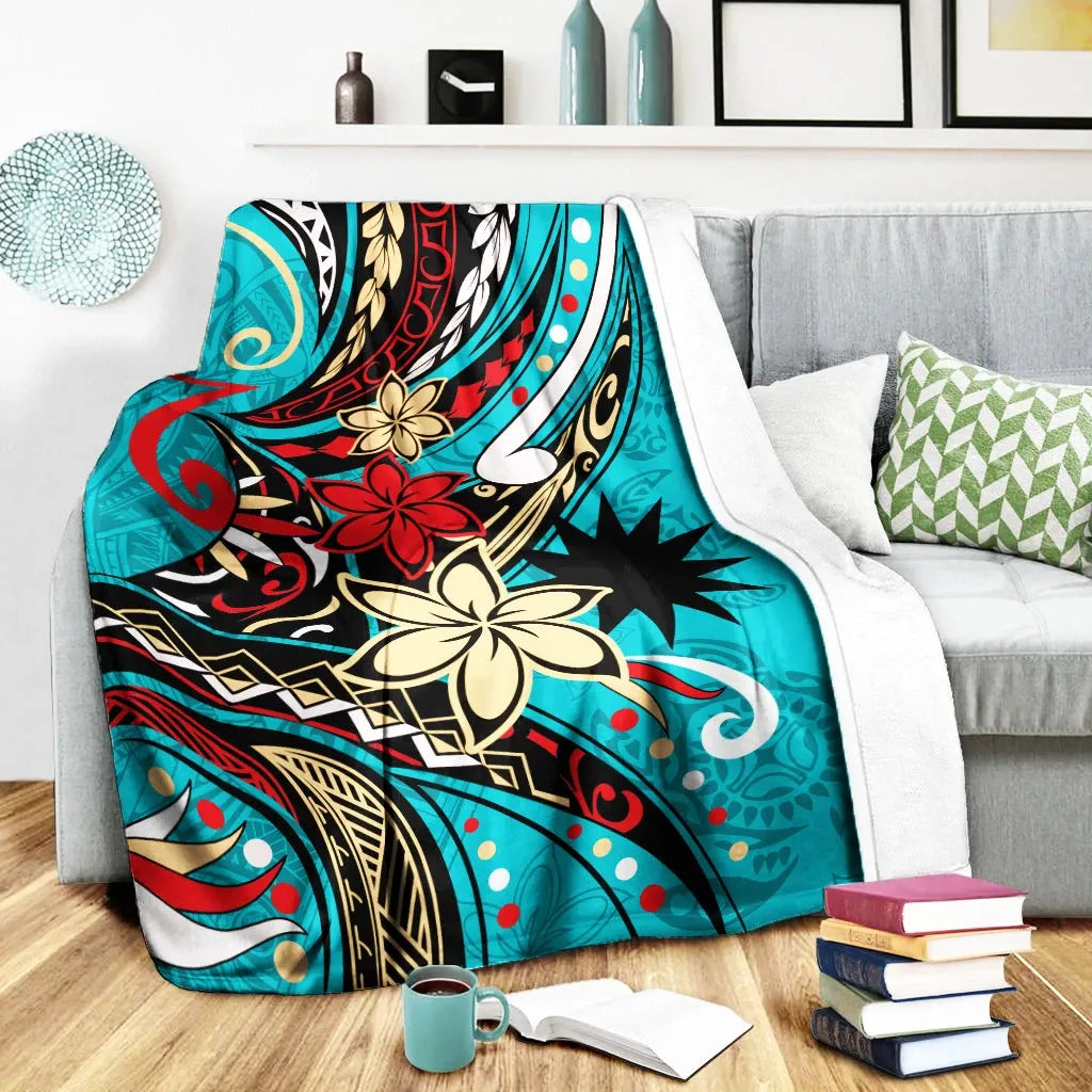 Nauru Premium Blanket - Tribal Flower With Special Turtles Blue Color