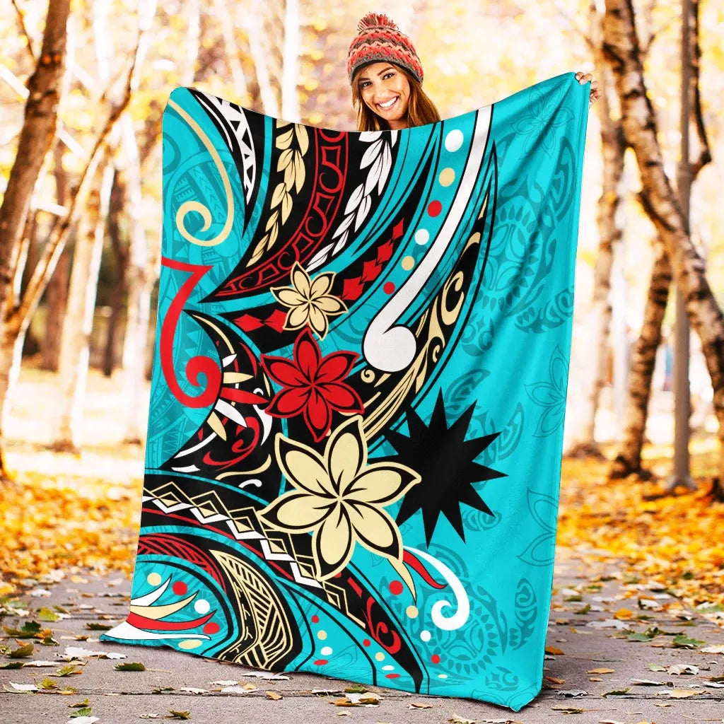 Nauru Premium Blanket - Tribal Flower With Special Turtles Blue Color