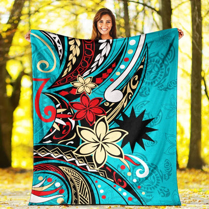 Nauru Premium Blanket - Tribal Flower With Special Turtles Blue Color