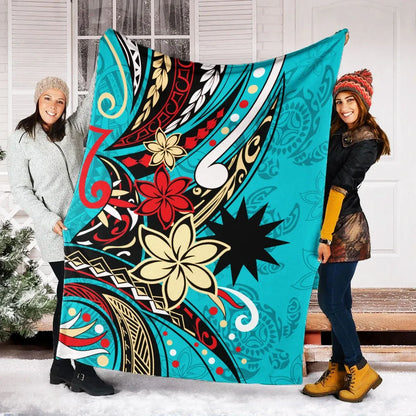 Nauru Premium Blanket - Tribal Flower With Special Turtles Blue Color