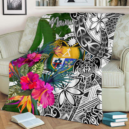 Nauru Premium Blanket White - Turtle Plumeria Banana Leaf Crest