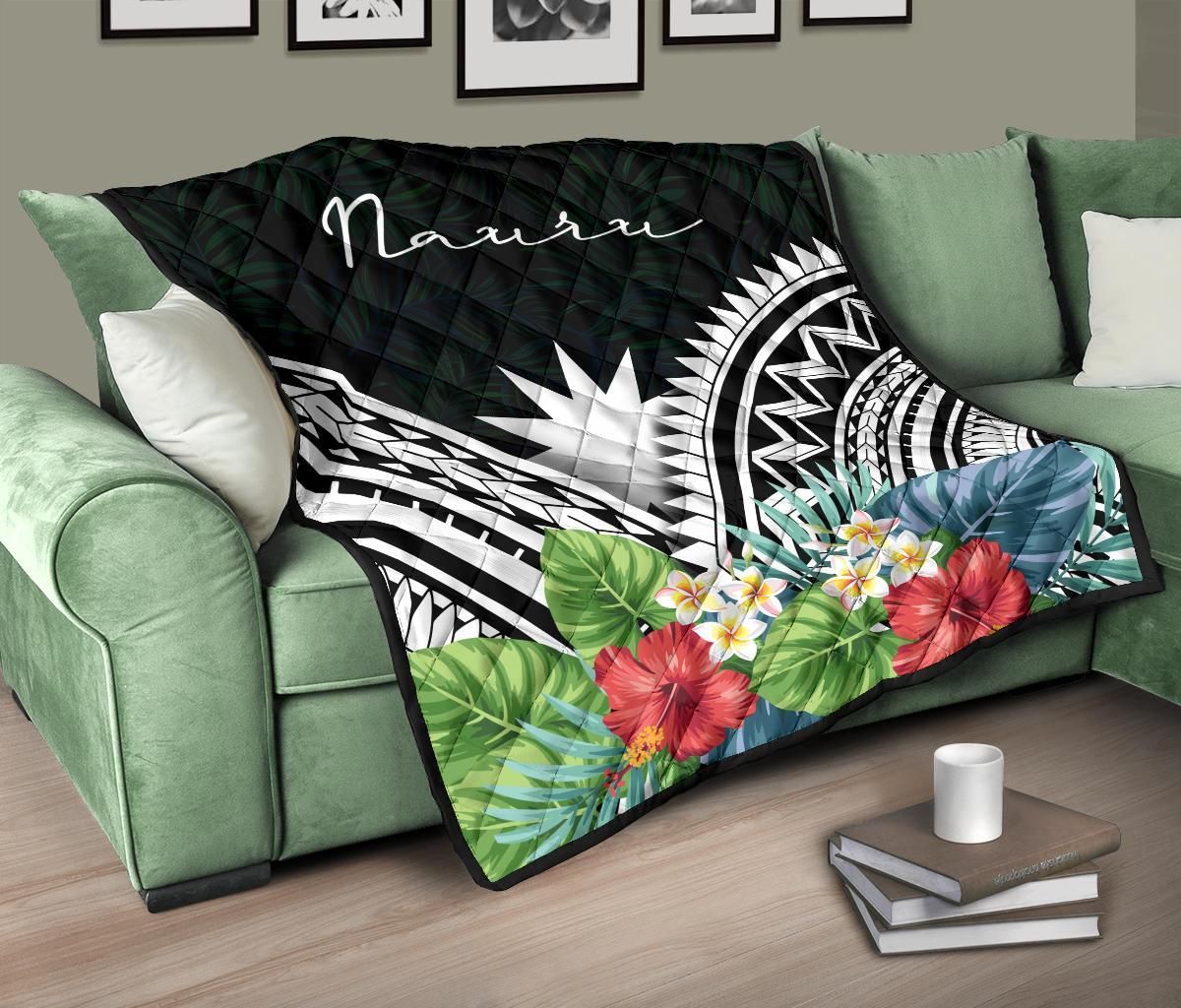 Nauru Premium Quilt - Nauru Coat of Arms & Polynesian Tropical Flowers White