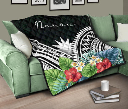 Nauru Premium Quilt - Nauru Coat of Arms & Polynesian Tropical Flowers White