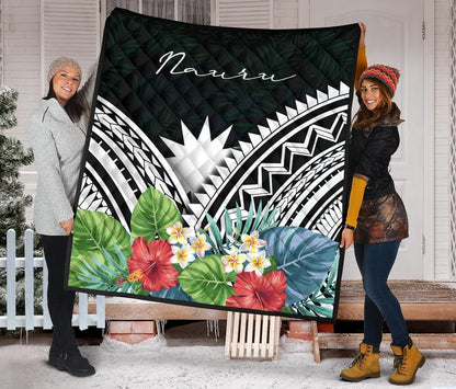 Nauru Premium Quilt - Nauru Coat of Arms & Polynesian Tropical Flowers White