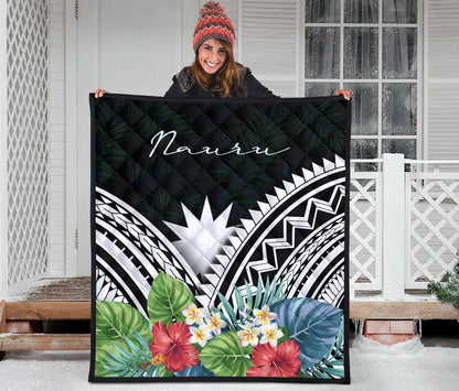 Nauru Premium Quilt - Nauru Coat of Arms & Polynesian Tropical Flowers White