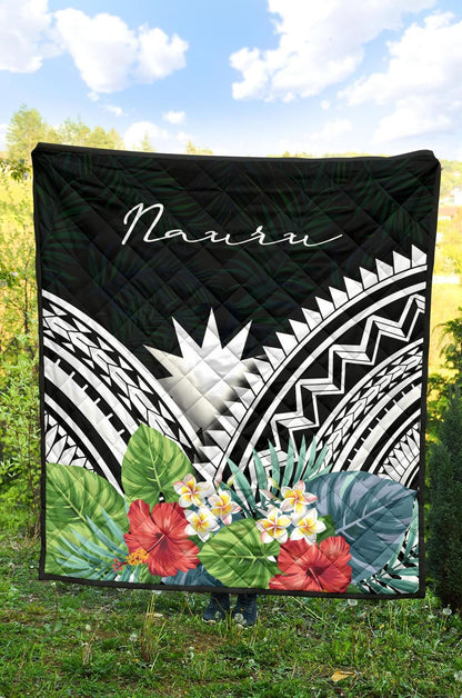Nauru Premium Quilt - Nauru Coat of Arms & Polynesian Tropical Flowers White