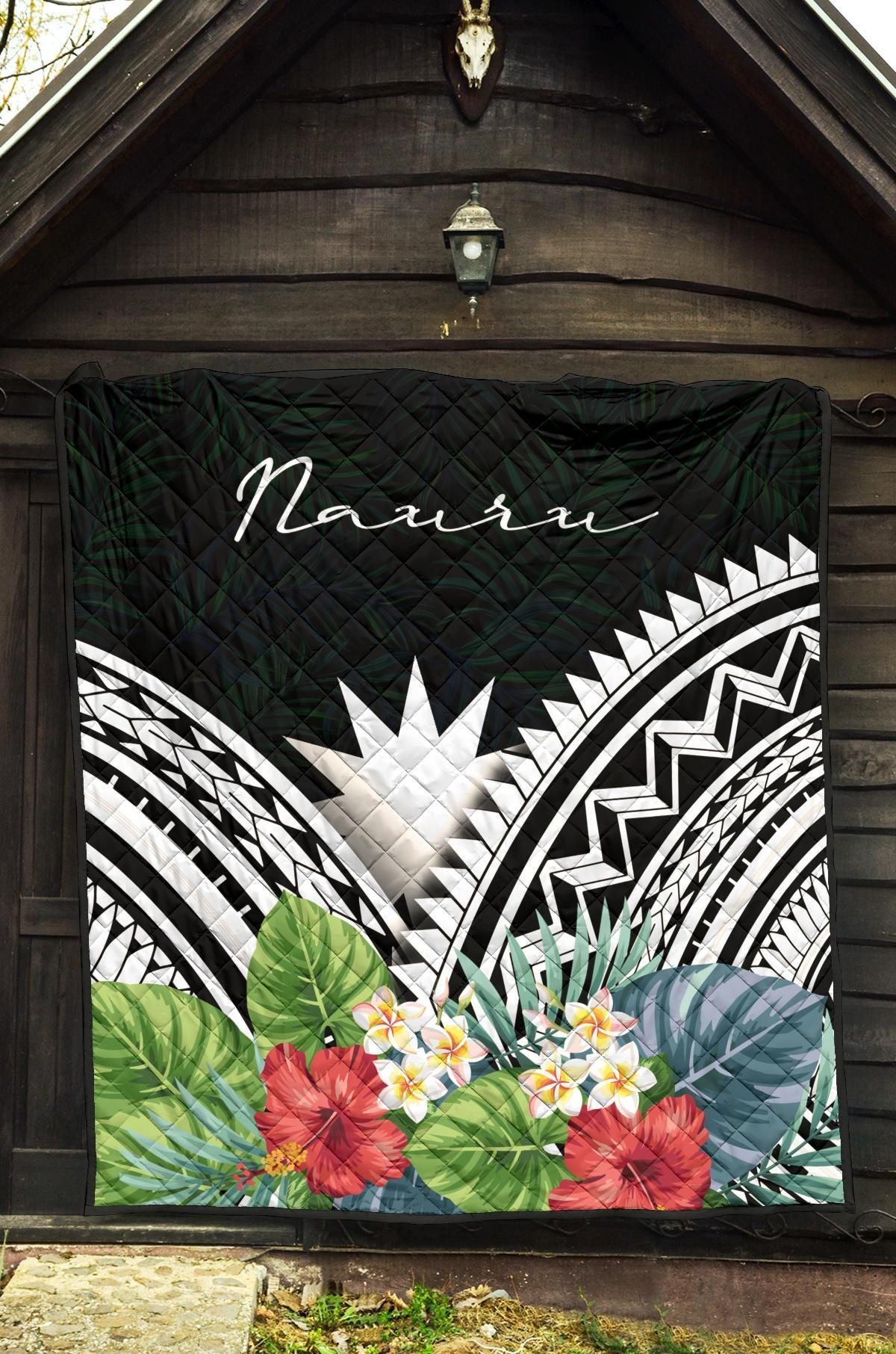 Nauru Premium Quilt - Nauru Coat of Arms & Polynesian Tropical Flowers White