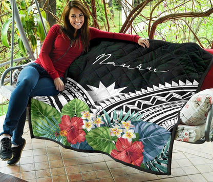 Nauru Premium Quilt - Nauru Coat of Arms & Polynesian Tropical Flowers White