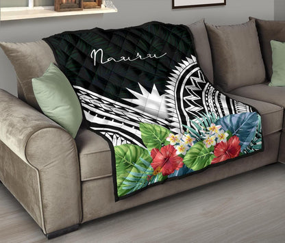 Nauru Premium Quilt - Nauru Coat of Arms & Polynesian Tropical Flowers White