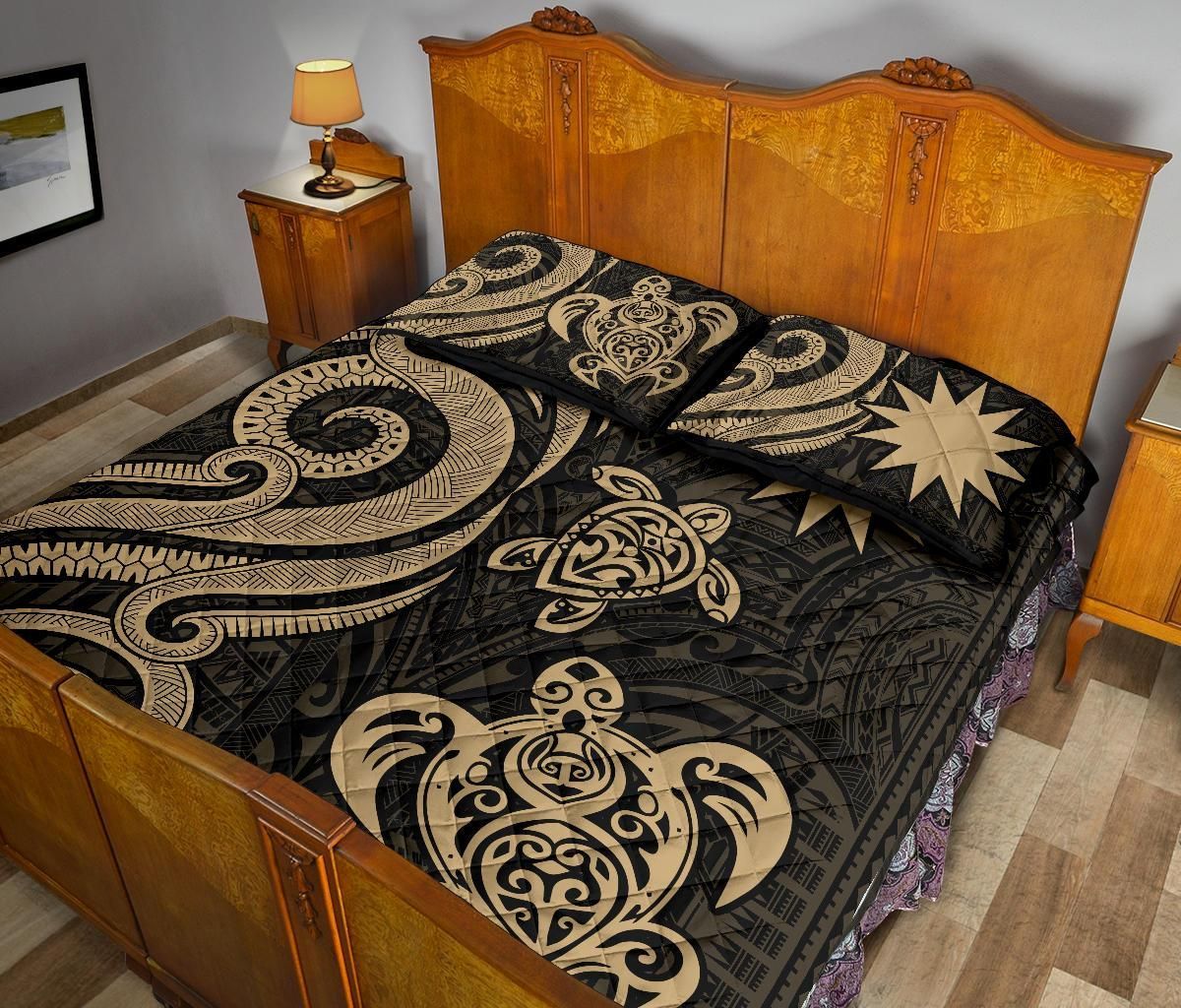 Nauru Quilt Bed Set - Gold Tentacle Turtle