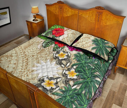 Nauru Polynesian Quilt Bed Set - Hibiscus Turtle Tattoo Beige
