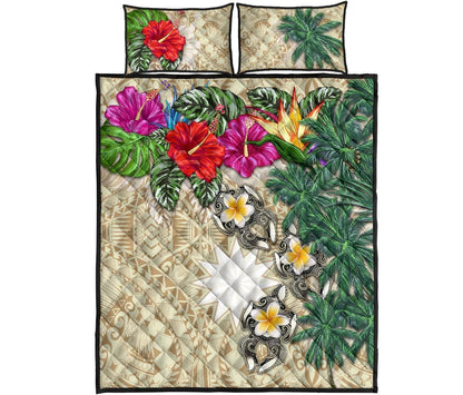 Nauru Polynesian Quilt Bed Set - Hibiscus Turtle Tattoo Beige