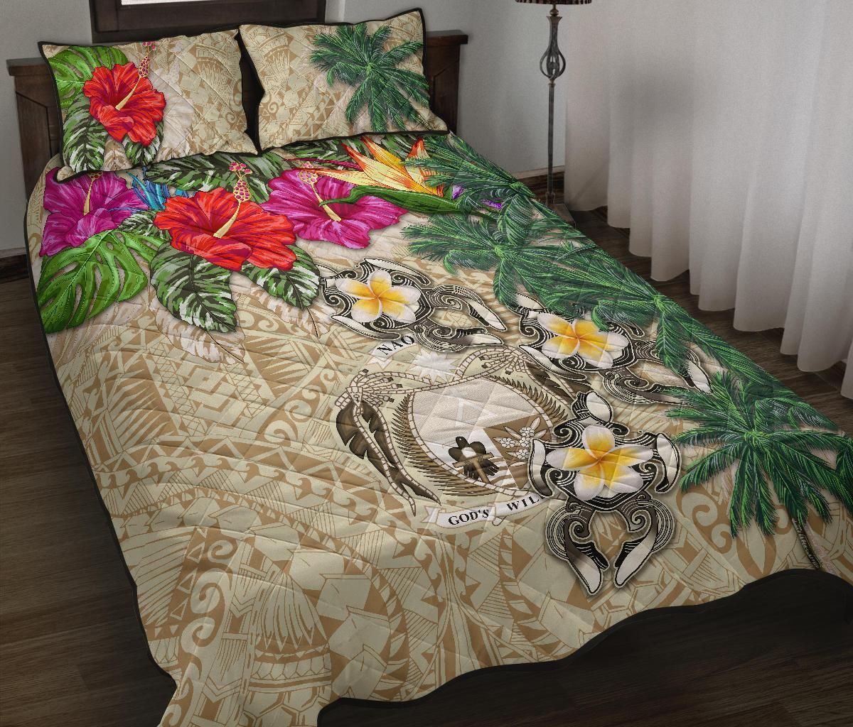Nauru Polynesian Quilt Bed Set - Hibiscus Turtle Tattoo Beige
